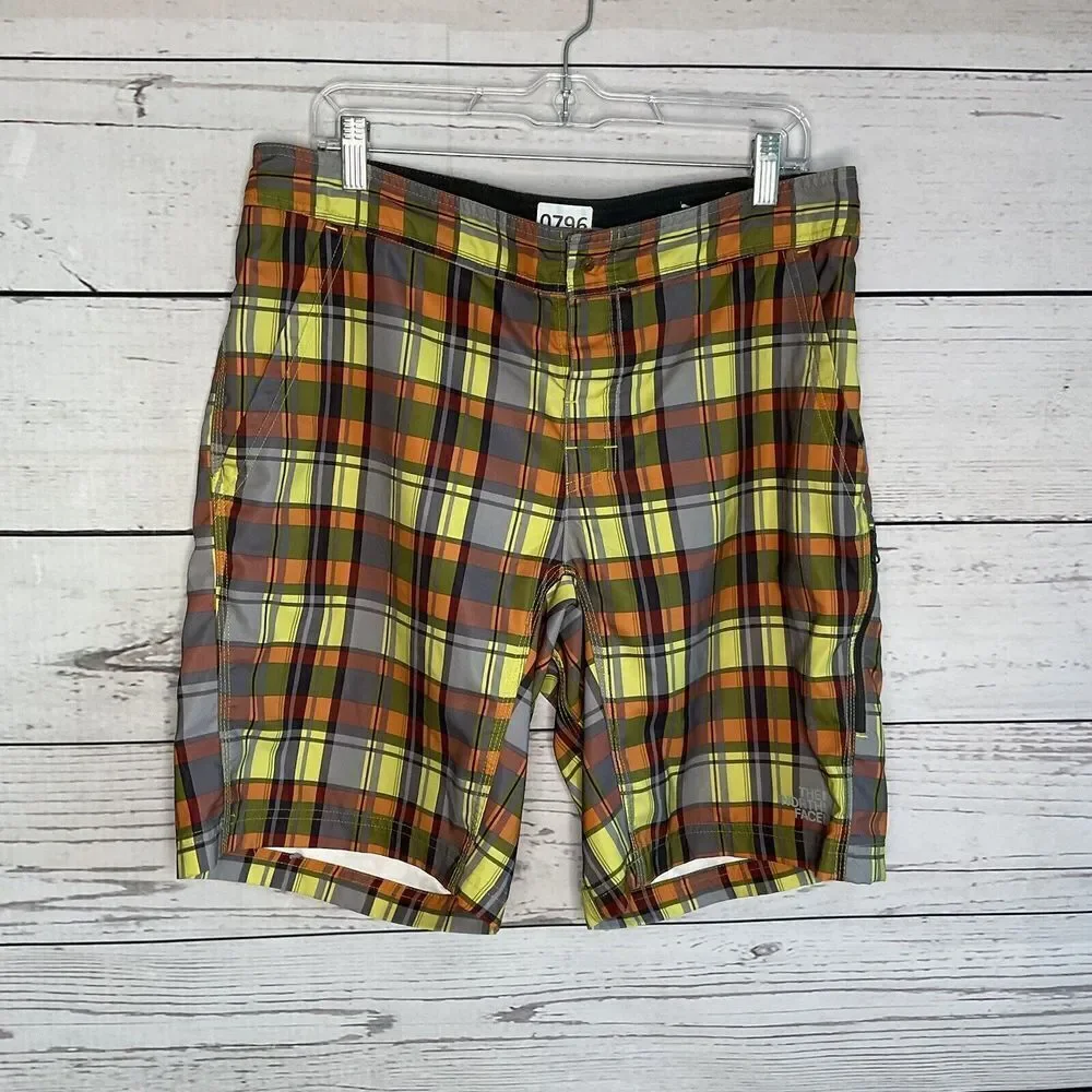 The North Face Mens Board shorts 34 Plaid Orange Yellow Swim Raft‎ Hike Water